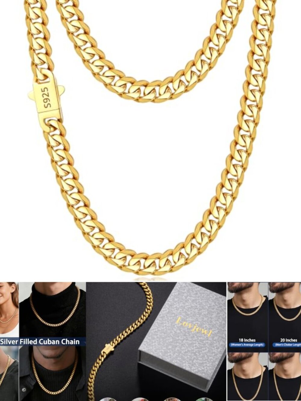 7mm Cuban Link Chain Necklace 18K Gold Plated 925 Sterling Silver Stainless